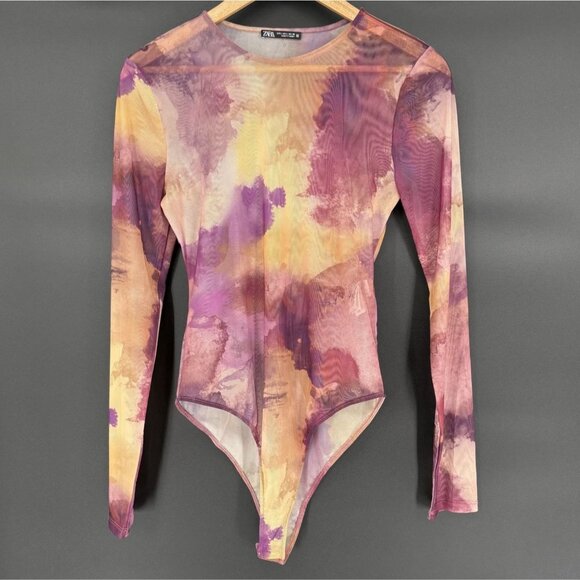 Zara Tops - Zara Long Sleeve Sheer Watercolor Print Bodysuit L Purple Brown Going Out Top